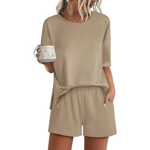 Ekouaer Pajamas for Women Set 2 Piece PJ Soft Comfy Lounge Sets Short Sleeve Tops Shorts Sets Cotton Sleepwear L(Khaki)