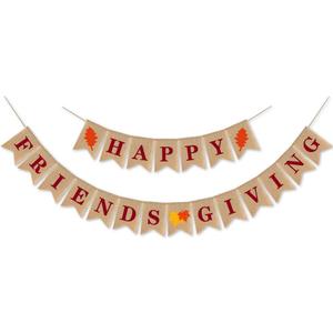 SWYOUN Burlap Happy Friendsgiving Banner Maple Leaf Thanksgiving Friends Party Supplies Bunting Garland Decoration