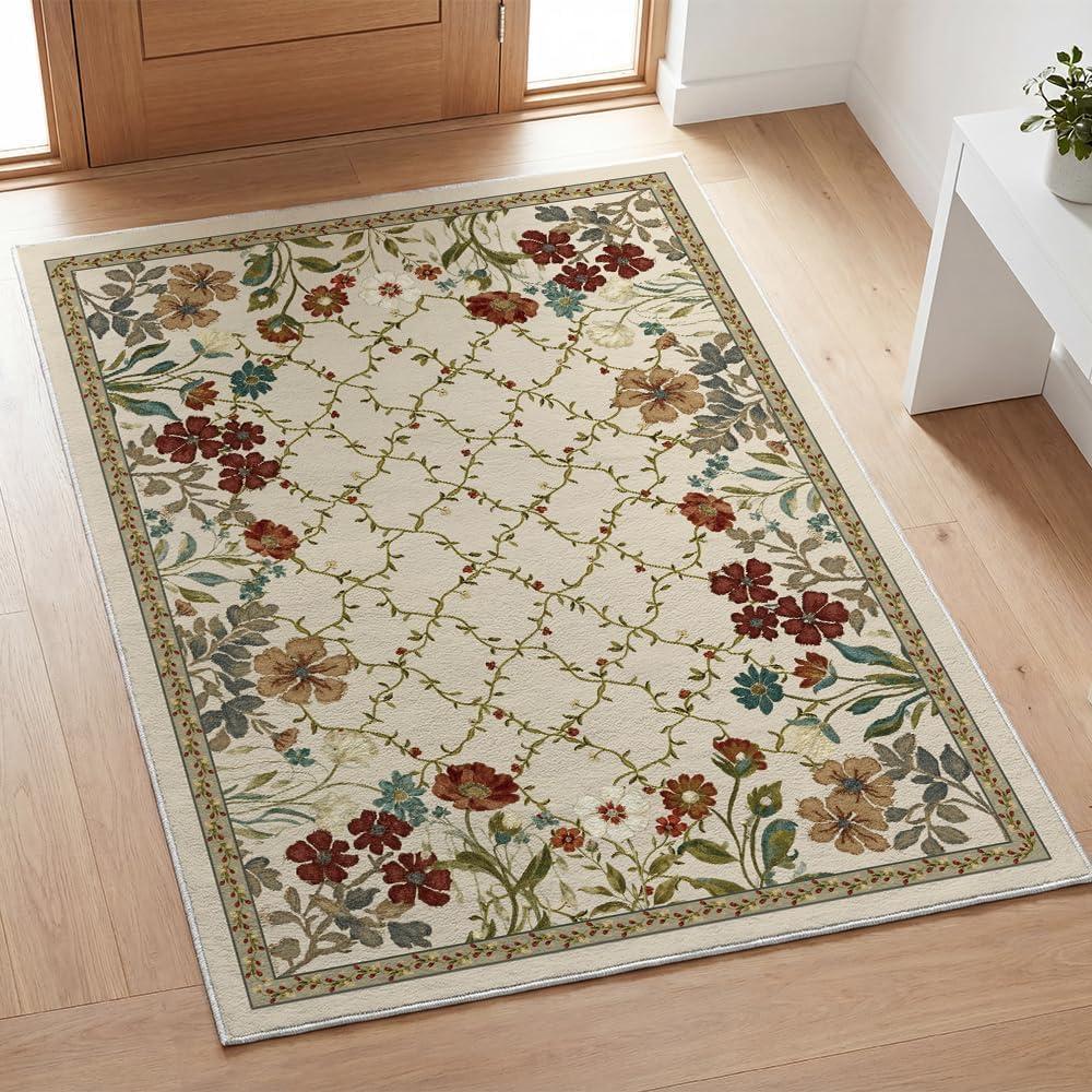 Artoid Mode Rustic Check Flower Spring Area Rug, Summer Home Decor Low-Profile Non-Slip Washable Large Rug for Living Room Bedroom Farmhouse Dining Room Kids Playroom 5x7 Feet