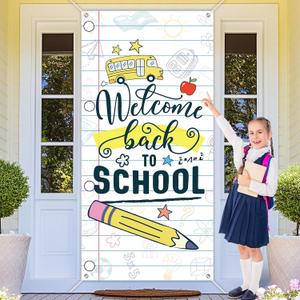 Back to School Door Cover 72.8 x 35.4In Welcome Back to School Porch Banner First Day of School Photo Backdrop Homework Pencil Prints Classroom Decoration for School Bus Party Supplies Nursery Teacher