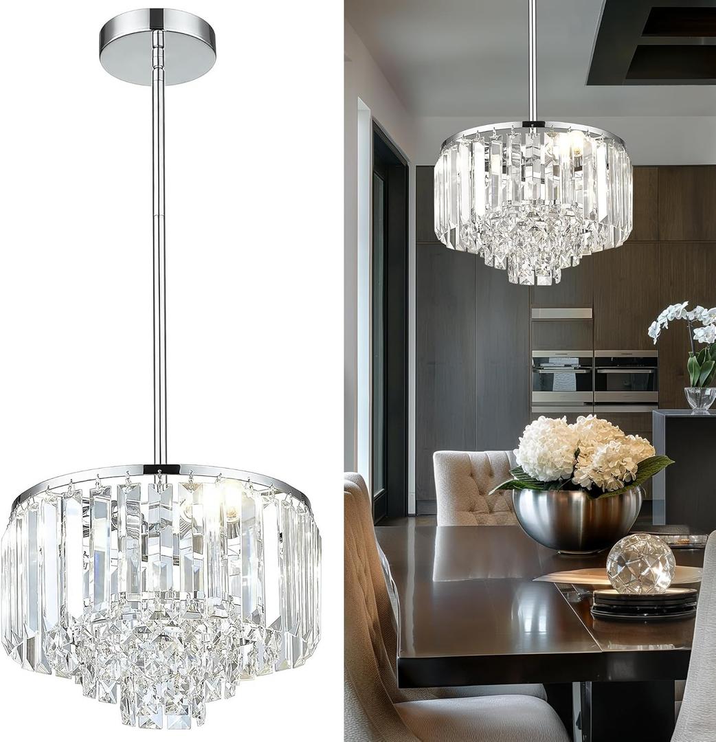 Crystal Chandelier, 4-Tier Modern Chandelier with Polished Chrome Finish, Pendant Light for Dinning Room Kitchen Island Bedroom Entryway, CC4215-3W-PC (11inch)