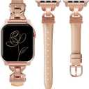 Slim Leather Band Compatible with Apple Watch Bands Women 38/40/41/42mm Dressy Slim Leather Strap with Designer Interlock Buckle Bracelet for iWatch Series 10/9/SE/8/7/6/5/4/3/2/1 Rose Gold