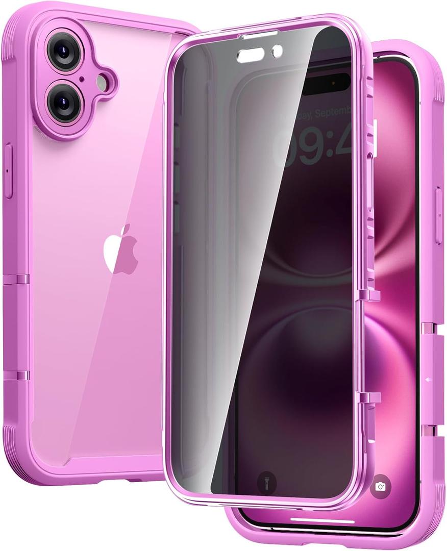 Diaclara Designed for iPhone 16 Plus Case 6.7 Inch,Upgraded [Full Camera Protection] Full Body Rugged Clear Bumper Case with Built-in Privacy Screen Protector for iPhone 16 Plus,Pink