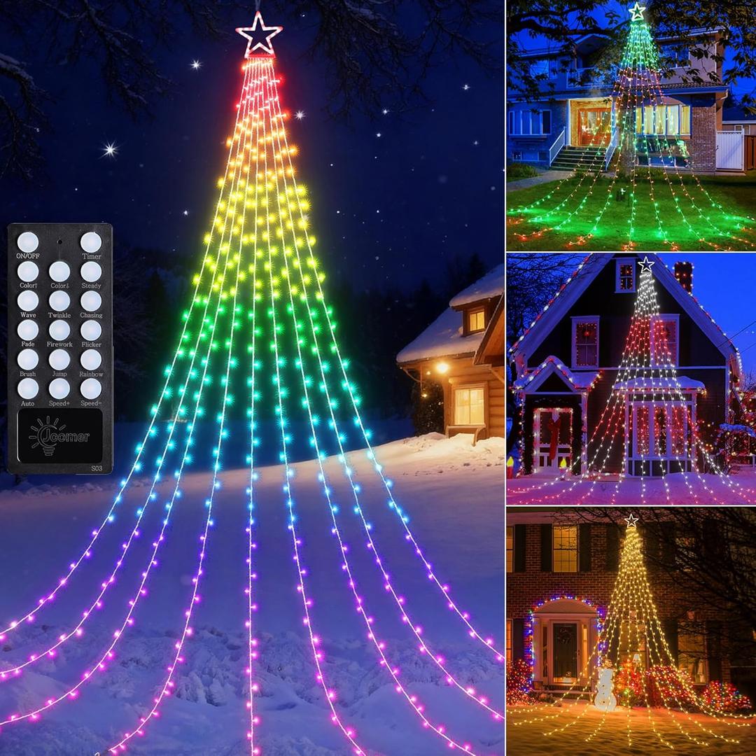 Joomer RGB Christmas Tree Star Lights, 16.4FT Height 348 LED Color Change Waterfall Lights with Remote Timer Waterproof for Outdoor Holiday Decoration (RGB (Red, Green, Blue))