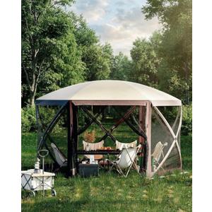 12x12 ft Pop-Up Gazebo Screen Tent, 6-Sided Screened Canopy with Mesh Windows & Wind Panels for Outdoor Camping, Backyard, and Lawn Protection, Khaki