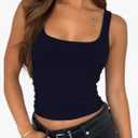 ForeFair Women's Sleeveless Square Neck Tank Top Double Layer Basic Crop Tops Summer Fitness Workout Casual Tops, L