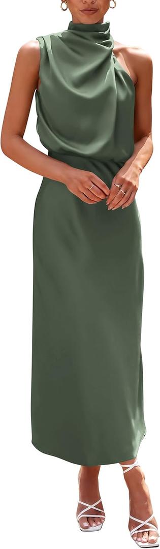 PRETTYGARDEN Women's 2025 Summer Satin Dress Elegant Sleeveless Mock Neck Cocktail Party Maxi Dresses (Army Green, Small)