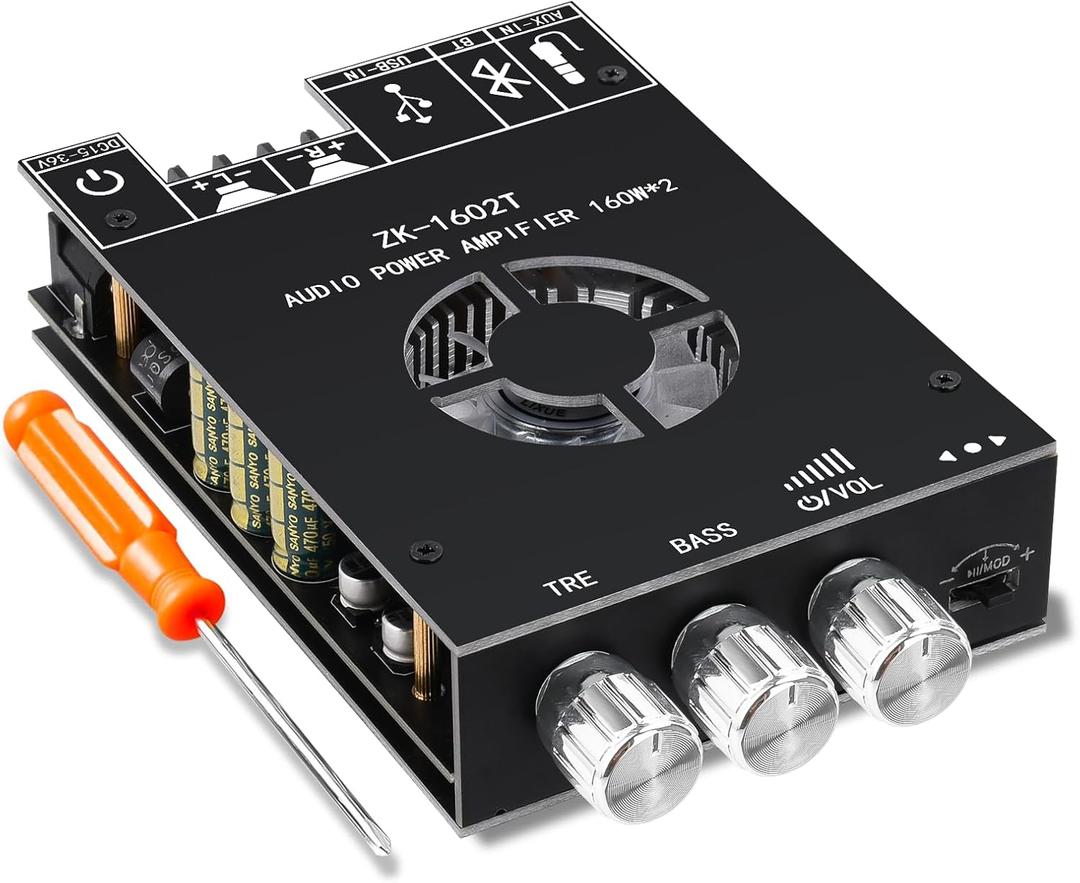 ZK-1602T Bluetooth Amplifier Board,160W+160W 2.0 Channel Amp Board with Treble and Bass Control,DC 12-24V, Bluetooth and AUX Inputs, Audio Amp Board for Home DIY Wireless Speaker, Password Free
