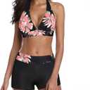 Zando Women's Two Piece Halter Swimsuit Athletic Push Up Bikini Set Swimwear with Boyshorts Sporty V Neck Bathing Suit (8-10, B Black Pink Floral)