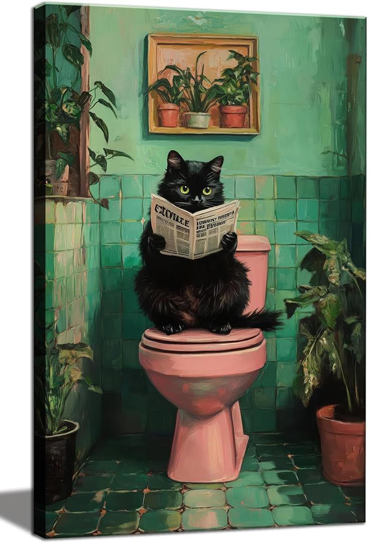 Funny Black Cat Bathroom Wall Art Decor, Funny Black Cat Reading Newspaper On The Toilet Canvas Artwork Print, Tropical Cat Canvas Wall Art for Bathroom Toilet Restroom Washroom Wall Decor 16x24''