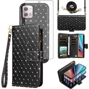 Asuwish Compatible with Motorola Moto G Stylus 4G 2023 Wallet Case Zipper Cell and Screen Protector Crossbody Strap Glitter Flip Card Holder Phone Cover for GStylus XT2317-1 XT2317-2 Women Black