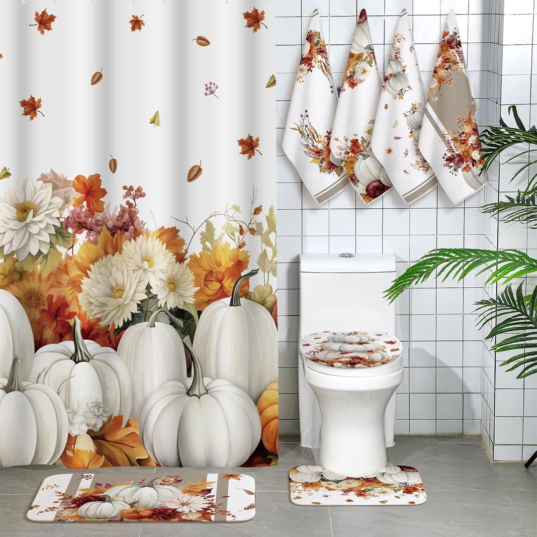 Honoson 8 Pcs Thanksgiving Shower Curtain Set Fall Bathroom Sets with Rugs and Kitchen Towels Autumn Harvest Pumpkins Maple Leaf Yellow Floral Watercolor Fabric with Hooks Housewarming Gifts Decor