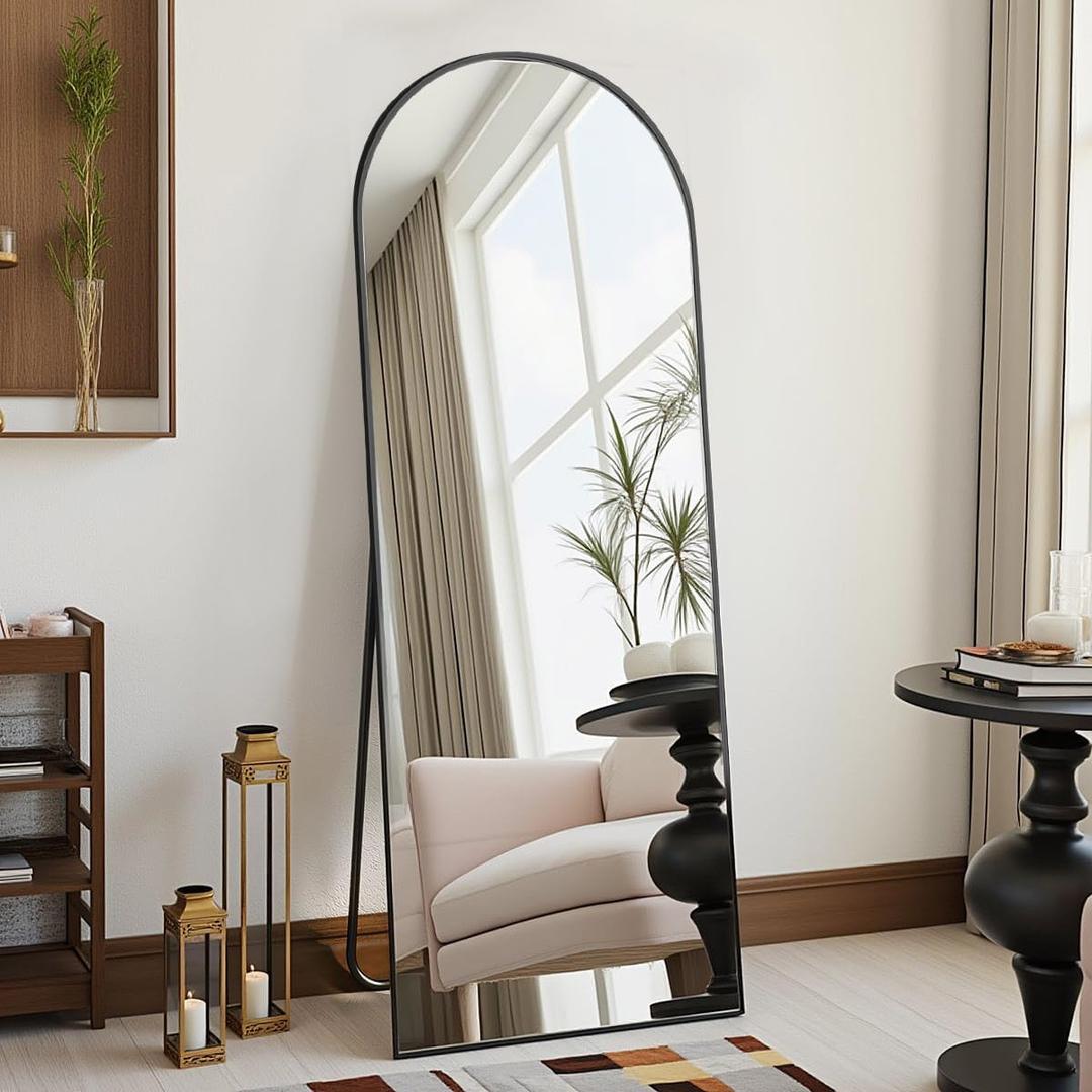 DMWOODFL 58"x18" Arched Full Length Mirror - Wall/Floor Mounted with Stand, Shatter-Proof Glass & Aluminum Frame, Large Body Mirror for Bedroom, Living Room, Entryway or Cloakroom, Black