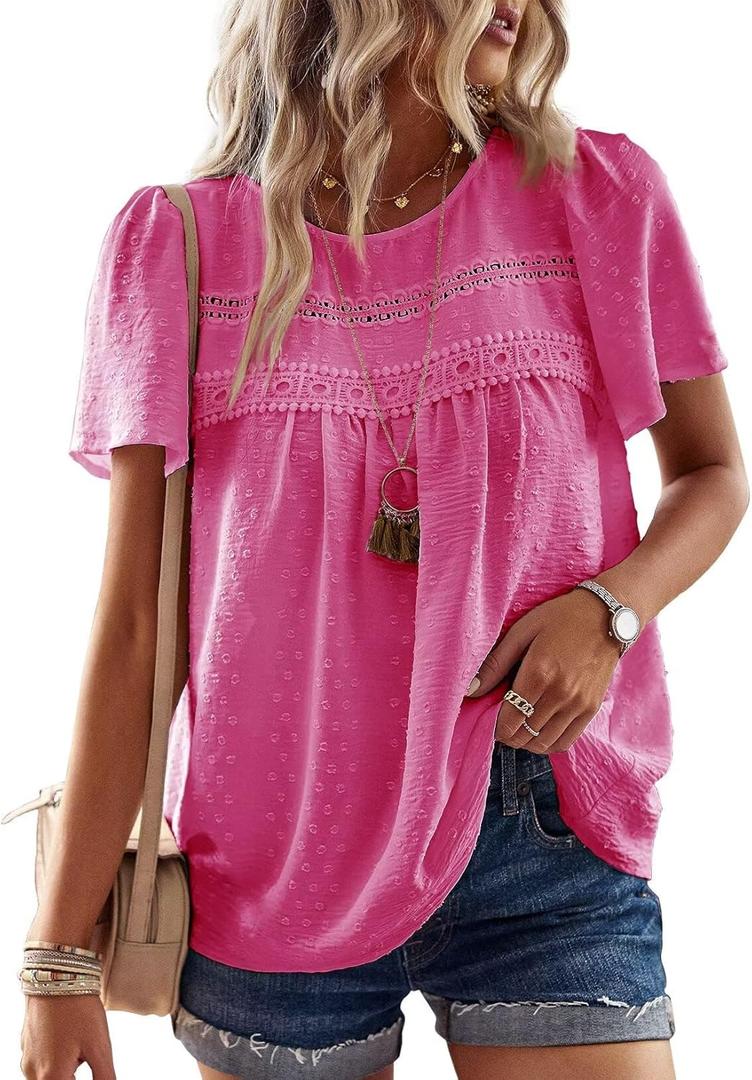 Falechay Womens Summer Tops Crewneck Short Sleeve Shirts Casual Chiffon Blouses Flowy Lace Hem Boho Clothing Trendy 2026 (XX-Large, Hot Pink)