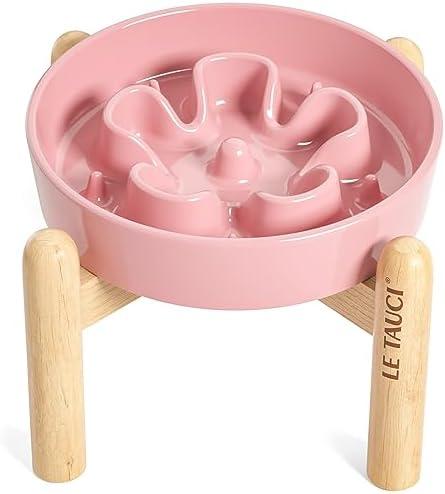 LE TAUCI Ceramic Slow Feed Dog Bowls, Elevated for Small Breeds, Anti-Gulping, Non-Slip, 6 inch, Pink