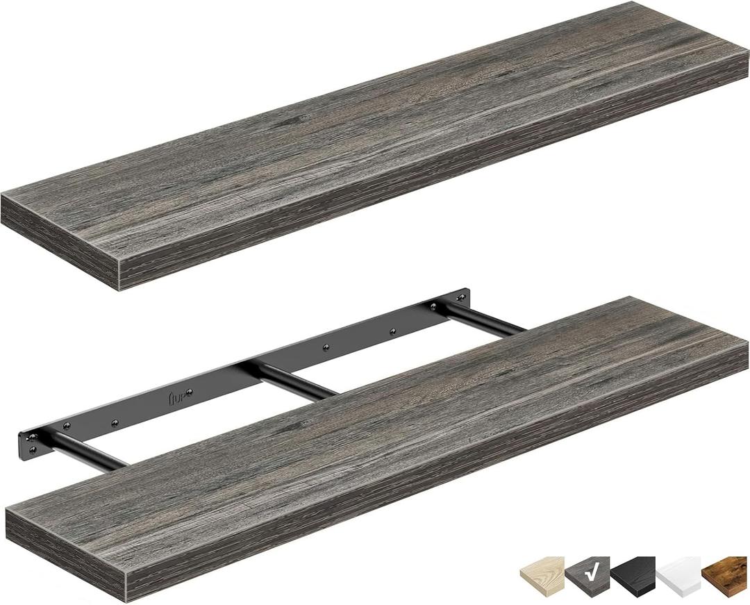 QEEIG Floating Shelves for Wall 35.4" Long - Wall Mounted Shelf Bathroom Kitchen Living Room Bedroom Farmhouse Home Decor Display Bookshelf Large 35.4 x 9.3 inch Set of 2, Grey (008-90GY)