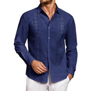 Makkrom Men's Casual Cotton Linen Button Down Shirts Cuban Guayabera Shirt Long Sleeve Summer Beach Tops (Medium, Navy)