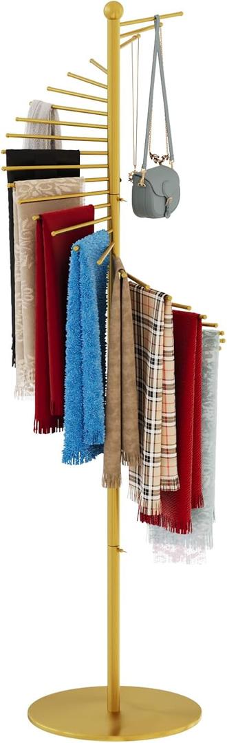 Spiral Scarf Rack, Metal Freestanding Scarf Organizer with 30 Rods, Commercial Hijab Organizer Stand for Home Clothing Store, Space Saving Shelves (Gold) (Wood)
