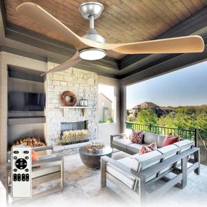 Outdoor Ceiling Fan with Light: 52 Inch 3 Blade Outdoor Fans for Patios - Modern Wood Ceiling Fan with Dimmable Light Remote APP Control Ultra Quiet Reversible DC Motor Timer