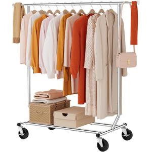 Tajsoon Clothing Rack Heavy Duty Clothes Racks Foldable Garment Rack with Wheels and Extendable Rod, Collapsible Clothing Rack Max Capacity 250lbs, Industrial Rolling Racks with Bottom Shelf, Chrome (Single Rod Commercial)
