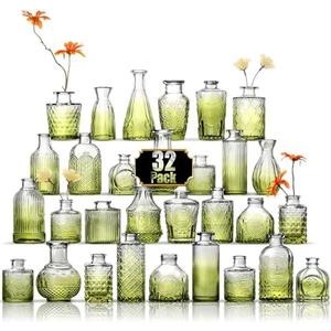 Arme Bud Vase Set of 32, Green Vases Glass Bud Vases in Bulk, Small Vases for Centerpieces Mini Flower Vase Set Cute Vintage Glass Vase Set for Flower Wedding Home Centerpiece Table Decorations