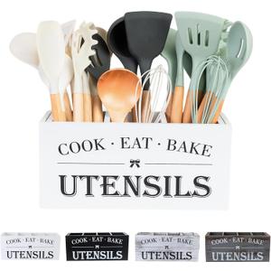 Utensil Holder,Large Wooden Utensil Holder For Kitchen Counter,Cooking Spatula Organizer,Big Storage Caddy With 3 Compartments Flatware Spoon Tool Cutlery(White)