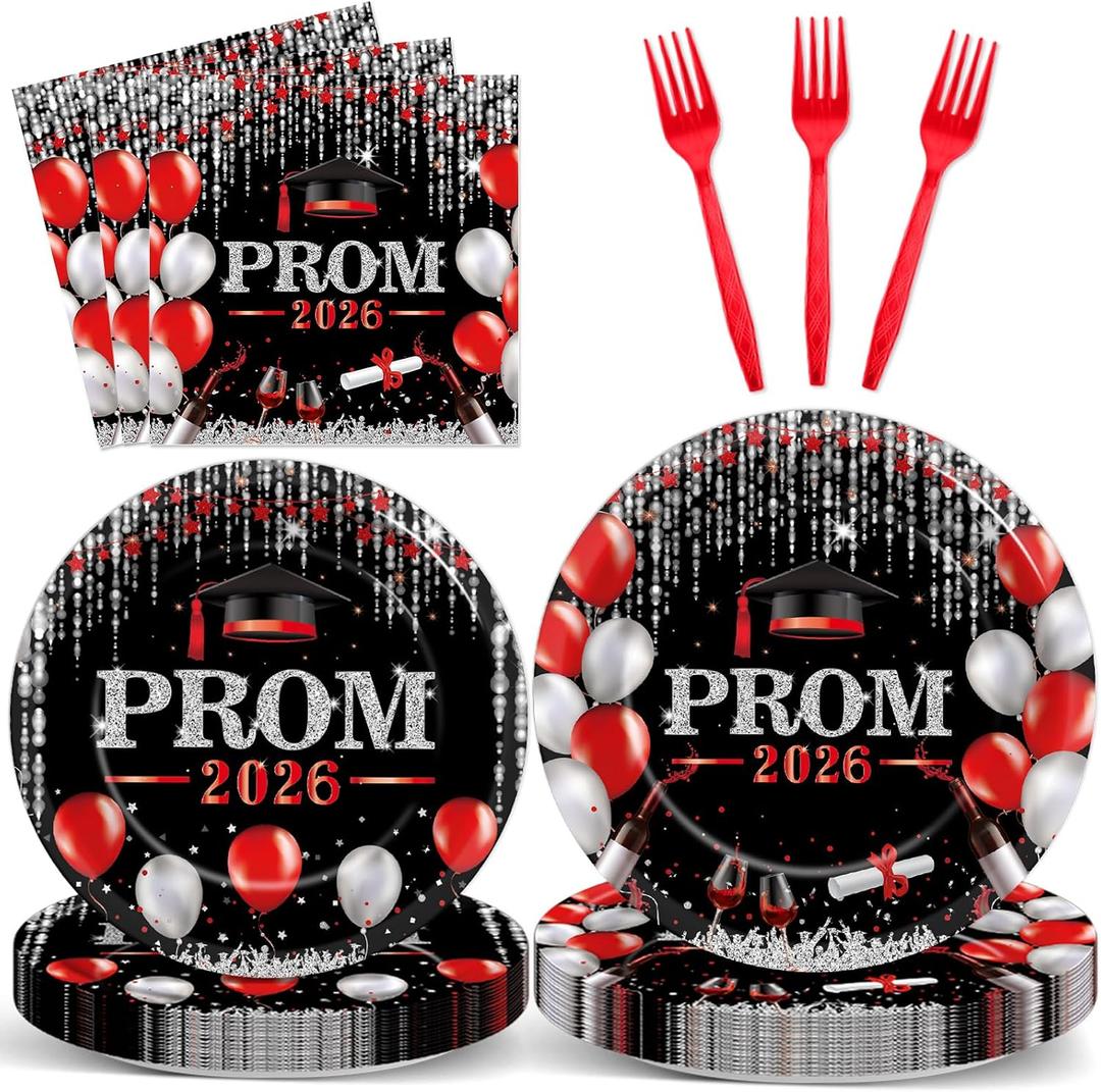 ZOIIWA 96Pcs Prom Night 2026 Grad Party Tableware Supplies Graduation Plates Napkins Class of 2026 Party Decorations Congratulations Graduate Plate Forks Napkins for High School College Red and Black
