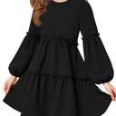 Girls Lantern Long Sleeve Dress Kids Flowy Tiered Ruffle Crewneck A-Line Fall Dresses (160, Black)