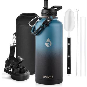 RAYMYLO Insulated Water Bottle 87 oz, Triple Wall Vacuum Stainless Steel (Cold for 48 Hrs), Leak Proof & Non-BPA, Modern Water Flask Jug with Paracord Handle & Straw Spout Lids, Indigo/Black