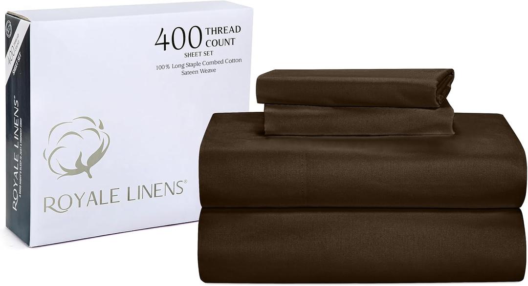 ROYALE LINENS 400 Thread Count 100% American Grown Cotton 3 Piece Sateen Twin Sheet Set - 1 Fitted Sheet, 1 Flat Sheet, 1 Pillow case - Brown Twin Bedsheet - Cotton Sheets - (Twin, Hazel Nut)