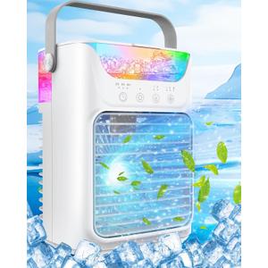 Portable Air Conditioners, 3 Wind Speeds & 7 LED Lights Evaporative Personal Air Cooler, 4 in 1 Portable AC with 650 mL Large Water Tank, Mini Air Conditioner for Bedroom/Car/Home/Camping/Room (Grey+White)