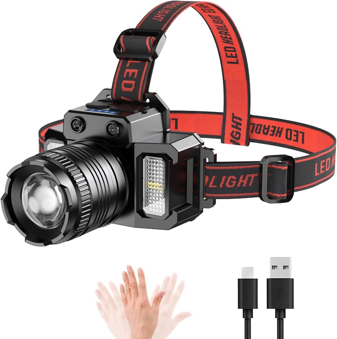 Headlamp Rechargeable Head Lamp LED, Super Bright Motion Sensor Head Light with Red/White/Blue Light, Waterproof Adults Forehead Flashlight Headlight for Camping, Running, Hiking, Fishing