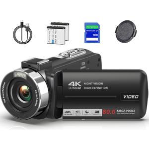 4K Video Camera Camcorder Ultra HD 80MP Vlogging Camera for YouTube 18X Digital Zoom 3.0" IPS 270 Screen IR Night Vision Camcorder Recorder with 32GB SD Card, Lens Cap and 2 Batteries (BLACK)