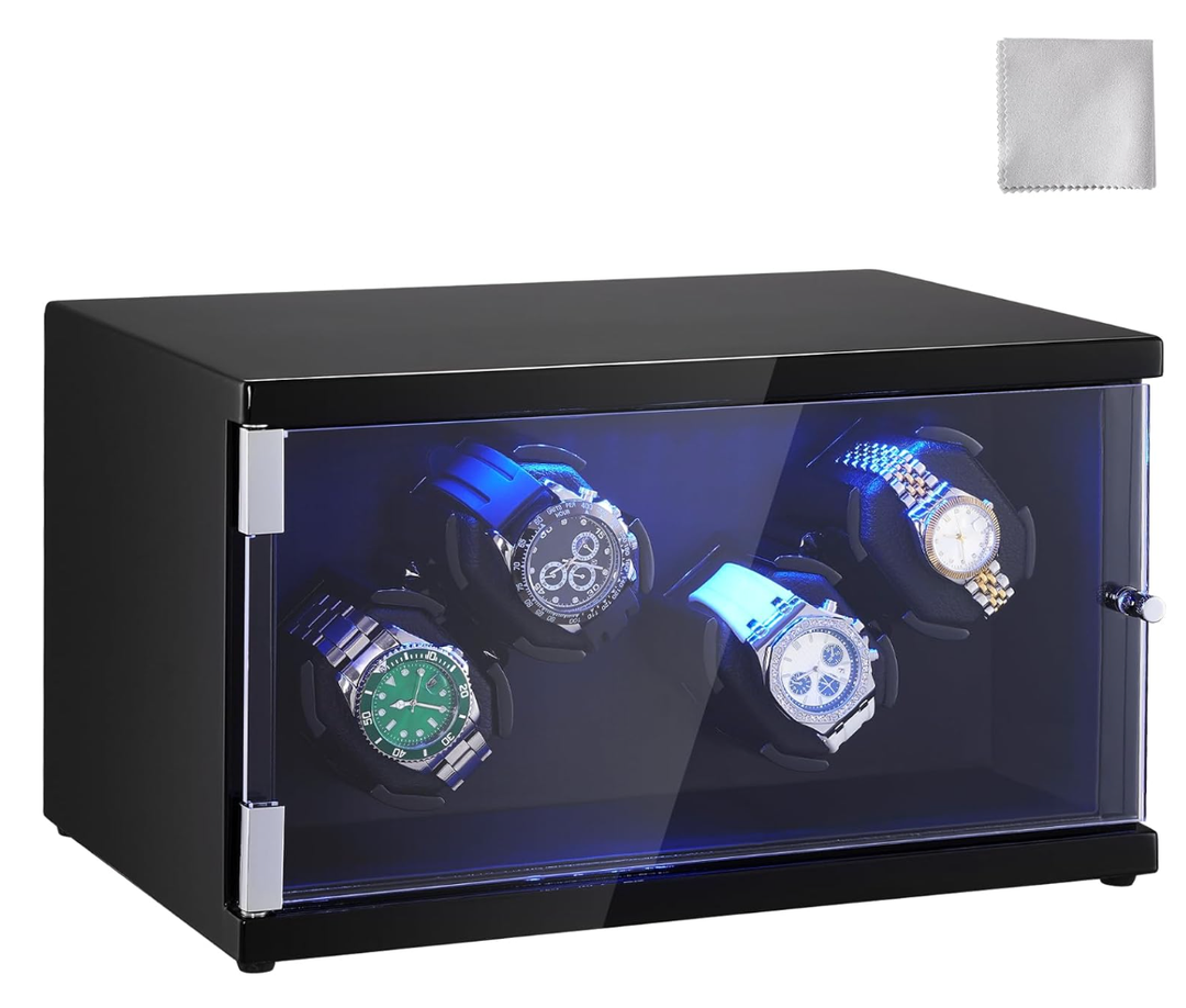 VEVOR Watch Winder, Rotating Watch Box for High-End Automatic Watches, 4 Watch Winder Case with Quiet Japanese Motors, LED Light, Adjustable Direction and Speed, Multi Modes