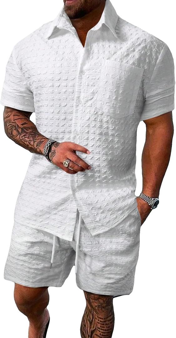 SOLY HUX Men's 2 Piece Shorts Sets Casual Beach Outfits Short Sleeve Button Down Hawaiian Shirt Sets Plain White XL