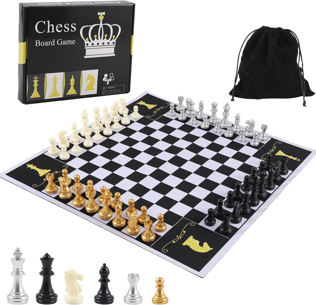 4 Four Players Chess Board Game Four Person Chess Set Game Unique Team Chess Set Mouse Pad Material with 4 Sets of Chess Pieces (64 Pieces) 2-4 Person Adult Game Portable Game Set