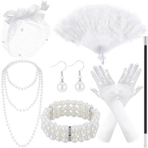 Xaatren Tea Party Costume Accessories Set Black Funeral Hat with Veil Fan and Satin Gloves for Halloween Women Costume (White)