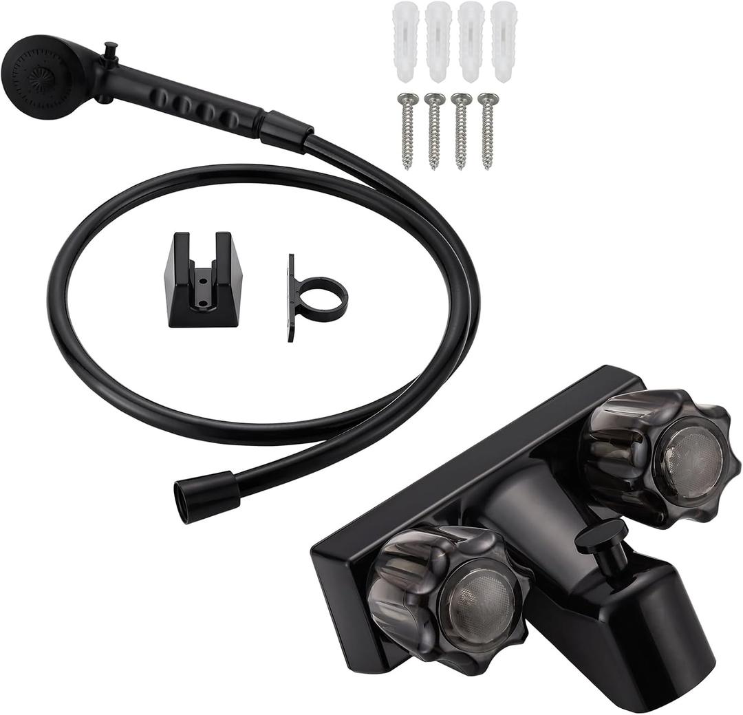 RV Shower Faucet with Hose and Head, RV Outdoor Shower Kits, RV Tub Faucet with Shower Diverter Outdoor Shower Kit Fits for RV/Campers,Travel Trailer,Motorhome (Bathtub Faucet Kit, Black)