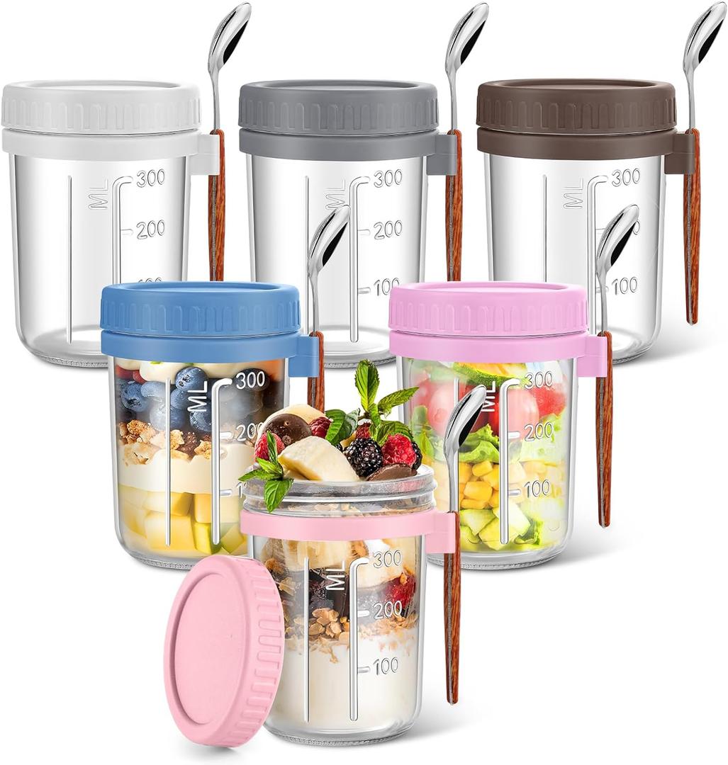 6 Pack Overnight Oats Containers with Lids and Spoons, 16 oz Glass Mason Jars with Airtight Lids, Meal Prep Containers, Overnight Oats Jars for Milk, Cereal, Fruit