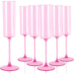 YOUBET 24 Pack Pink Plastic Champagne Flutes - 6 Oz Clear Pink Champagne Glasses - Square Plastic Toasting Glasses for Party Birthday Anniversary Wedding