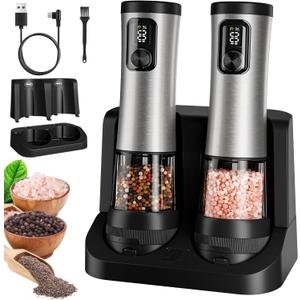 Electric Salt and Pepper Grinder Set, 2-Speed Setting, Stainless Steel Rechargeable Automatic Pepper Mill Shakers with USB Charging Base,100ml Large Capacity, External Adjustable Coarseness,LED Light (Black)