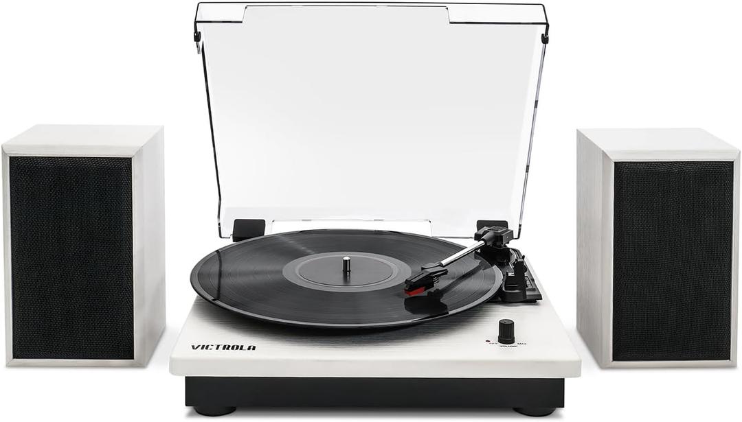 Victrola Montauk Vinyl Record Player, White Wood Finish, 3-Speed Belt Driven Turntable with Stereo Bluetooth Speaker Pair, RCA Output and 3.5mm Headphone Jack, Removable Dust Cover