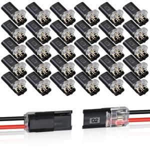 30PCS Double Wire Plug in Connector,Pluggable Low Voltage Wire Connector with Locking Buckle,Quick Disconnect Led Light Strip Connectors 2 Pin,No Wire Stripping Cutting 18-22AWG