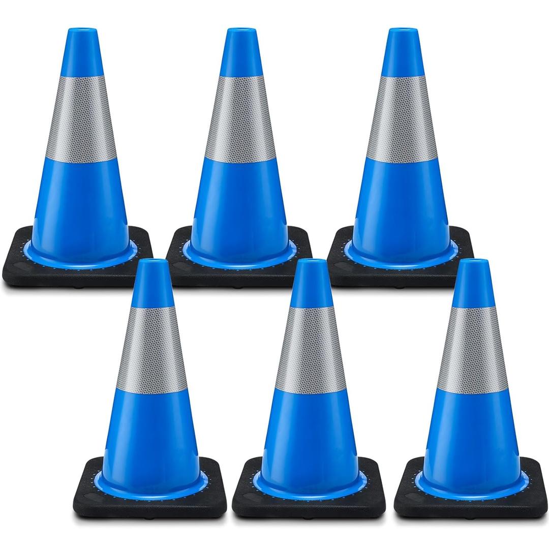 6 Pack Traffic Safety Cones Plastic PVC Blue Traffic Cones with Black Base and Reflective Collars for Street Hazards, Training, Road Construction, Parking Lot (18 Inch)
