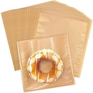 Heat Sealable Bakery Bags with Window, 100 Pack 7x7.5 Inches Cookie Bag Kraft Paper Greaseproof Pastry Bags with Clear Front for Baked Goods Packaging (Brown-100PCS)