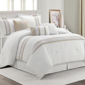 7 Piece Comforter Set, Taupe White, King Size, Boho Style Geometric Microfiber Embroidery, Bed in a Bag with Bedskirt, Pillow Shams and Decor Pillows