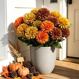 24 Bundles Artificial Fall Mums, UV Resistant, Orange
Faux chrysanthemum flowers for outdoor planters, front porches, gardens, window boxes, and Thanksgiving decor