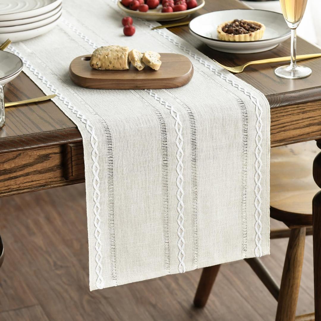 Artoid Mode Ivory Rustic Cotton Linen Table Runner, Seasonal Embroidered Hollow Kitchen Dining Table Decoration for Home Party Decor 13x72 Inch (13" x 72", Table Runner)