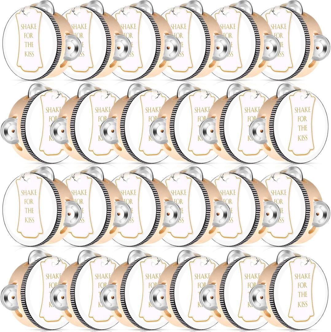 24 Set 4 Inch Tambourine for Adults Wooden Hand Held Drum with Metal Jingles, Gift Tags, White I Love You Printed Ribbon Percussion Gift Musical Instrument for Church Wedding Party Favor