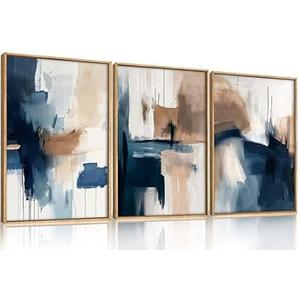 BICERE Large Abstract Brush Stroke Framed Canvas Wall Art, Modern Pastel Wall Decor, Neutral Navy Blue Art Prints, Minimalist Watercolor Brown Artwork for Living Room, Bedroom, Dining Room-24"x36"x3